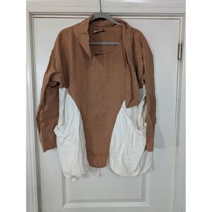 MiiN Women's Color Block Linen Cotton Tunic‎ Top Long Sleeve Unique lagenlook